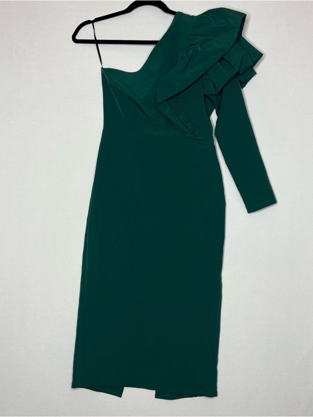 One-Shoulder Ruffle Midi Dress in Emerald Green